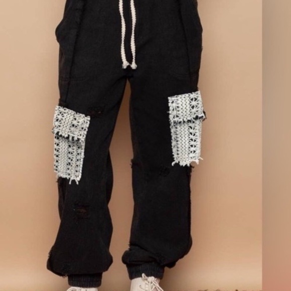 New POL Clothing Denim Lace Joggers Women Sweatpants Relaxed BlackTwill Pants - Picture 8 of 9